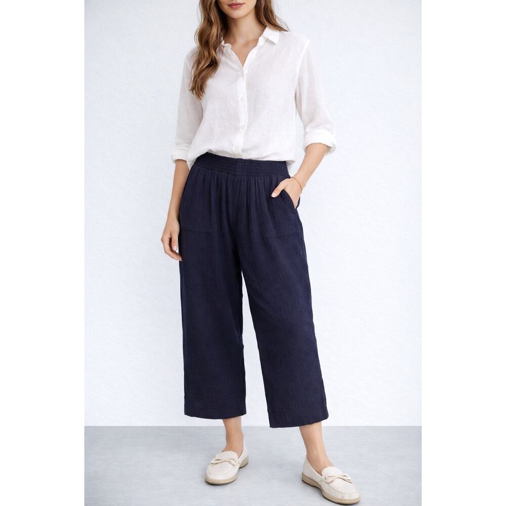 Magaschoni Organic Slub Cotton Navy Wide Leg Cropped Pants L Casual Resort Beach